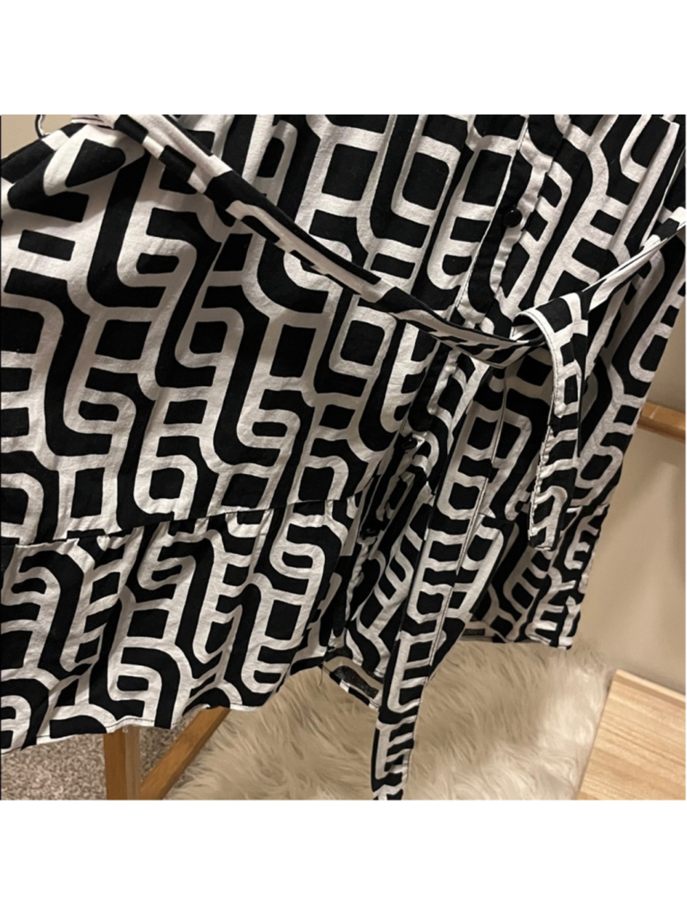 Zara Geographic Black White 3/4 Sleeves Belted Dress a160 - Picture 3 of 4